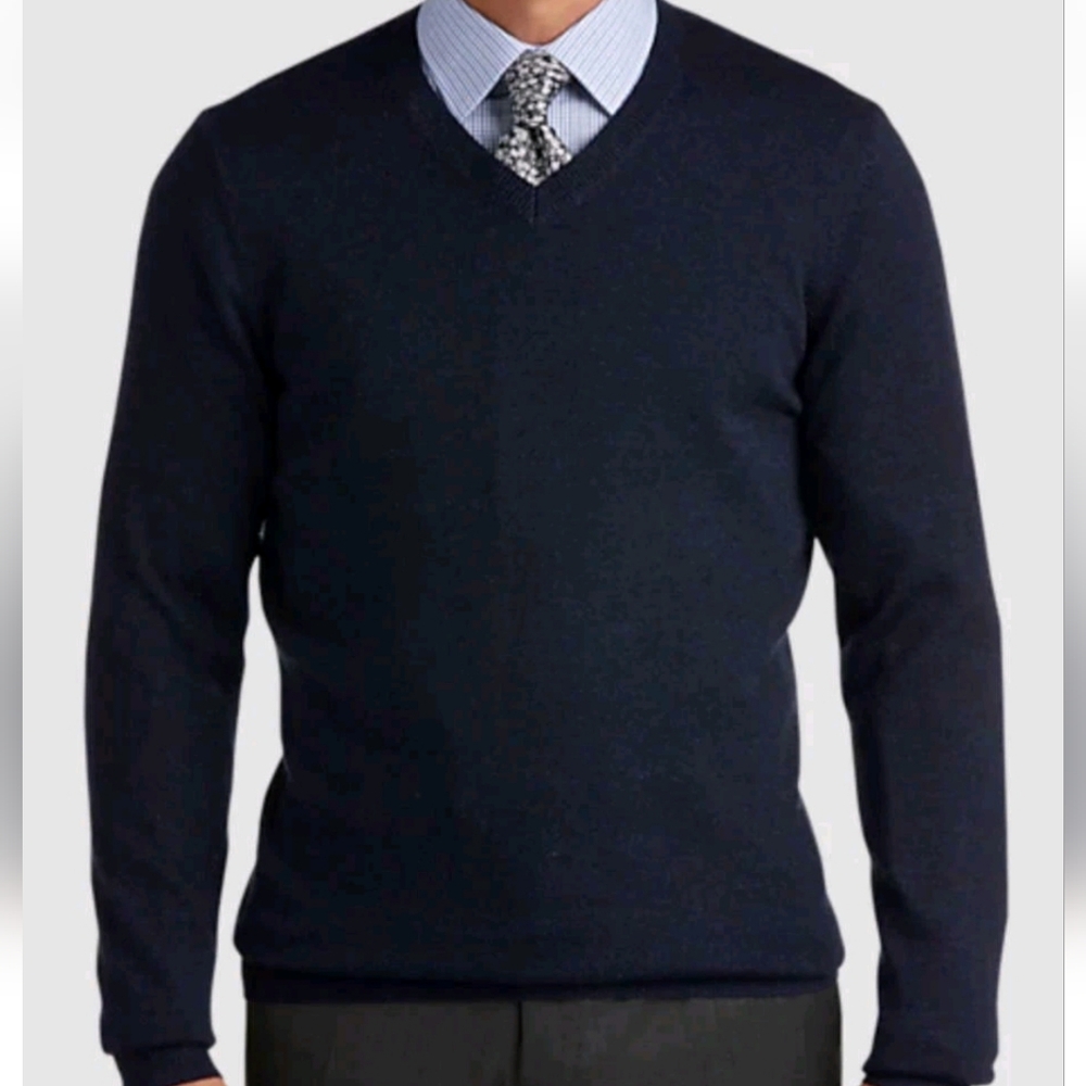 Joseph Abboud Extra Fine Merino Wool Navy V-Neck Sweater Size Large